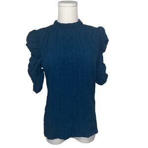THML Puffy Sleeve Teal Crepe Crinkle Blouse Top Size XS Work Casual Date